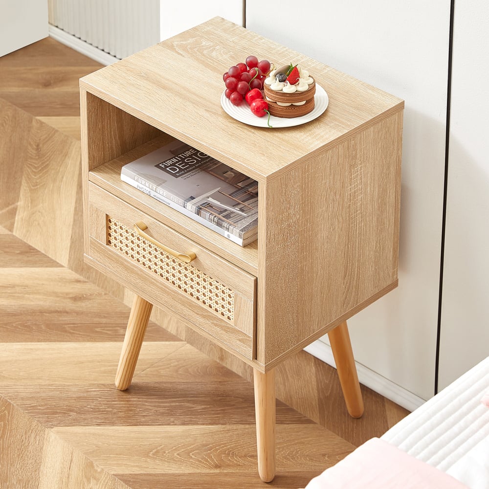 Table de chevet en rotin avec tiroir, pieds en bois massif 40x30x55cm