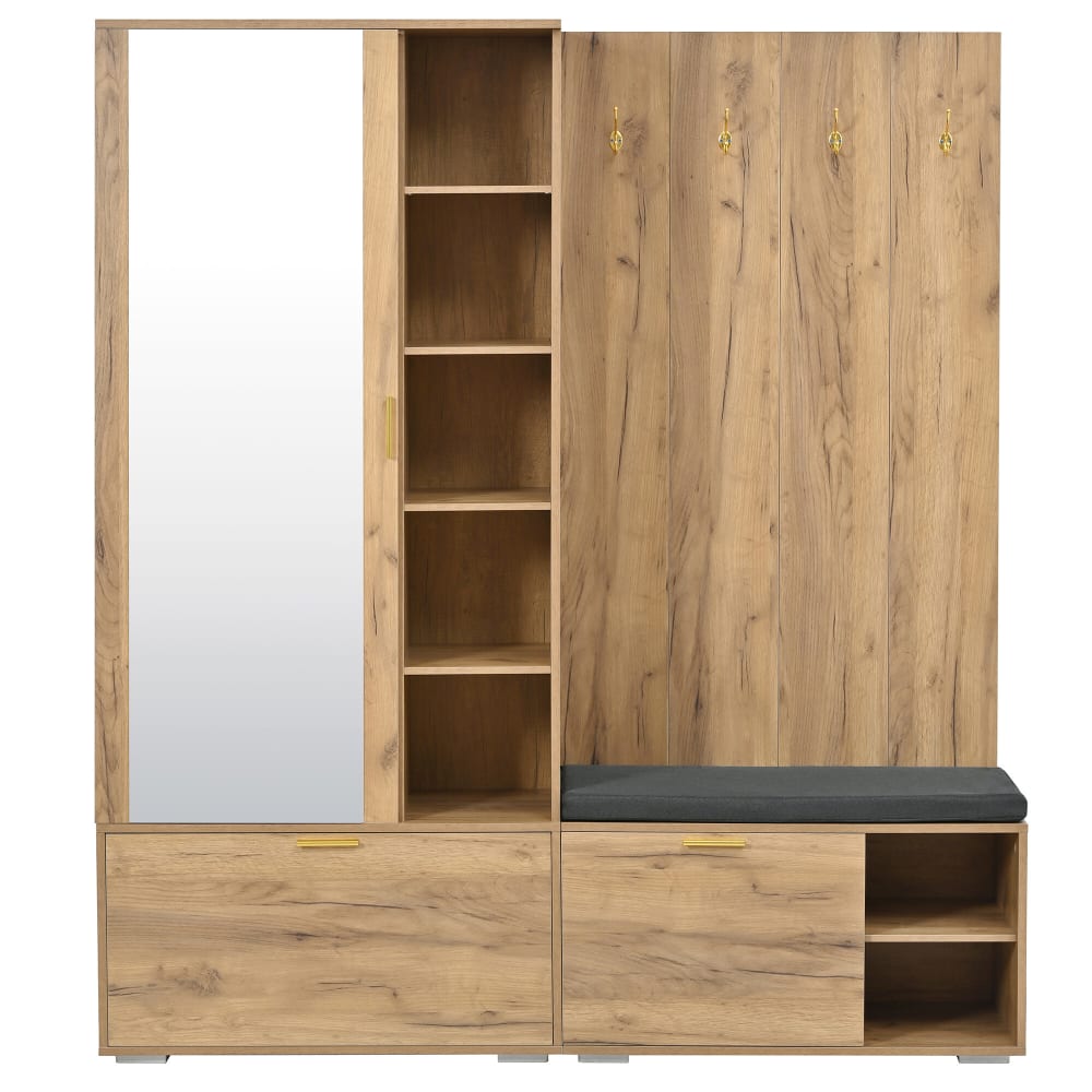 Vestiaire d'entrée design bois naturel avec miroir et banc 160 cm