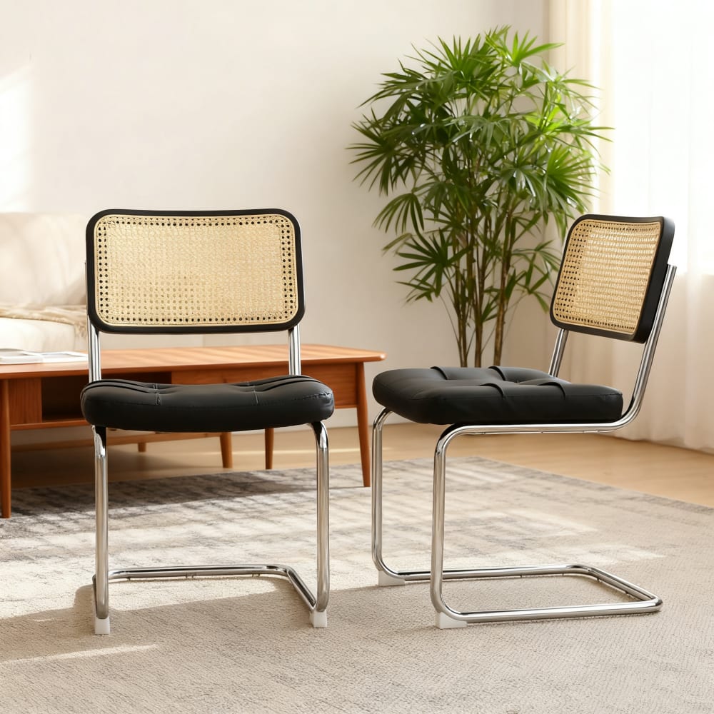 Set aus 2 Vintage-Stühlen aus Rattan und Leder, Schwarz - Maisons