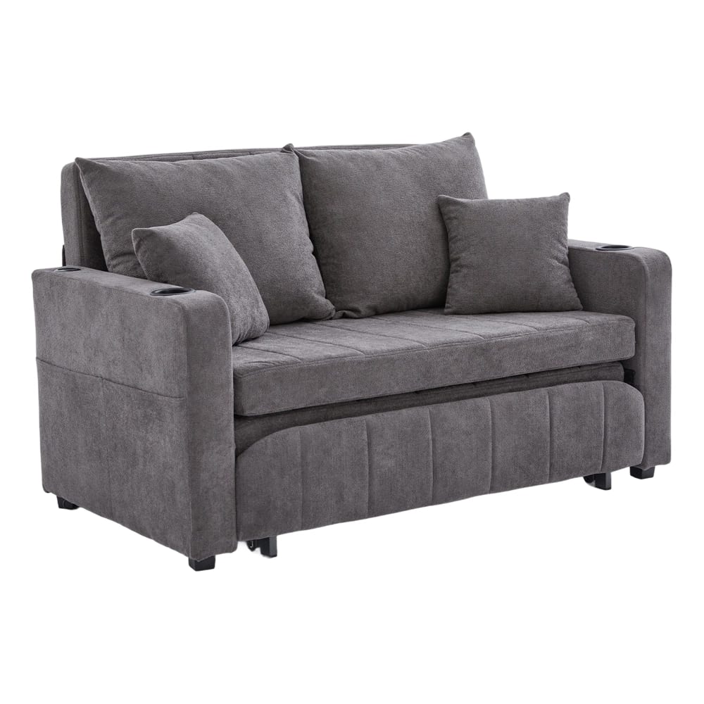 Canapé convertible 2 place tissu chenille gris, USB et porte-gobelet