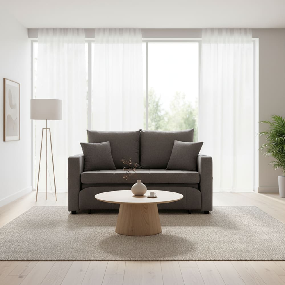 Canapé convertible 2 place tissu chenille gris, USB et porte-gobelet