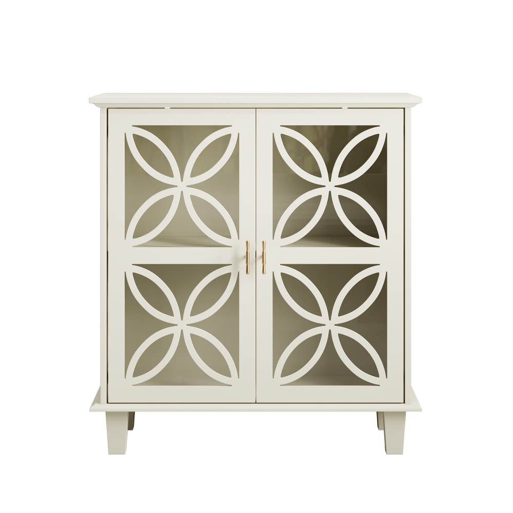 Buffet blanc crème 2 portes vitrées verre trempé à motifs tréfilés
