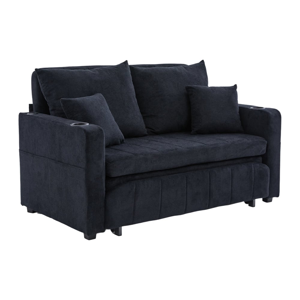 Canapé convertible 2 place tissu chenille noir, USB et porte-gobelet