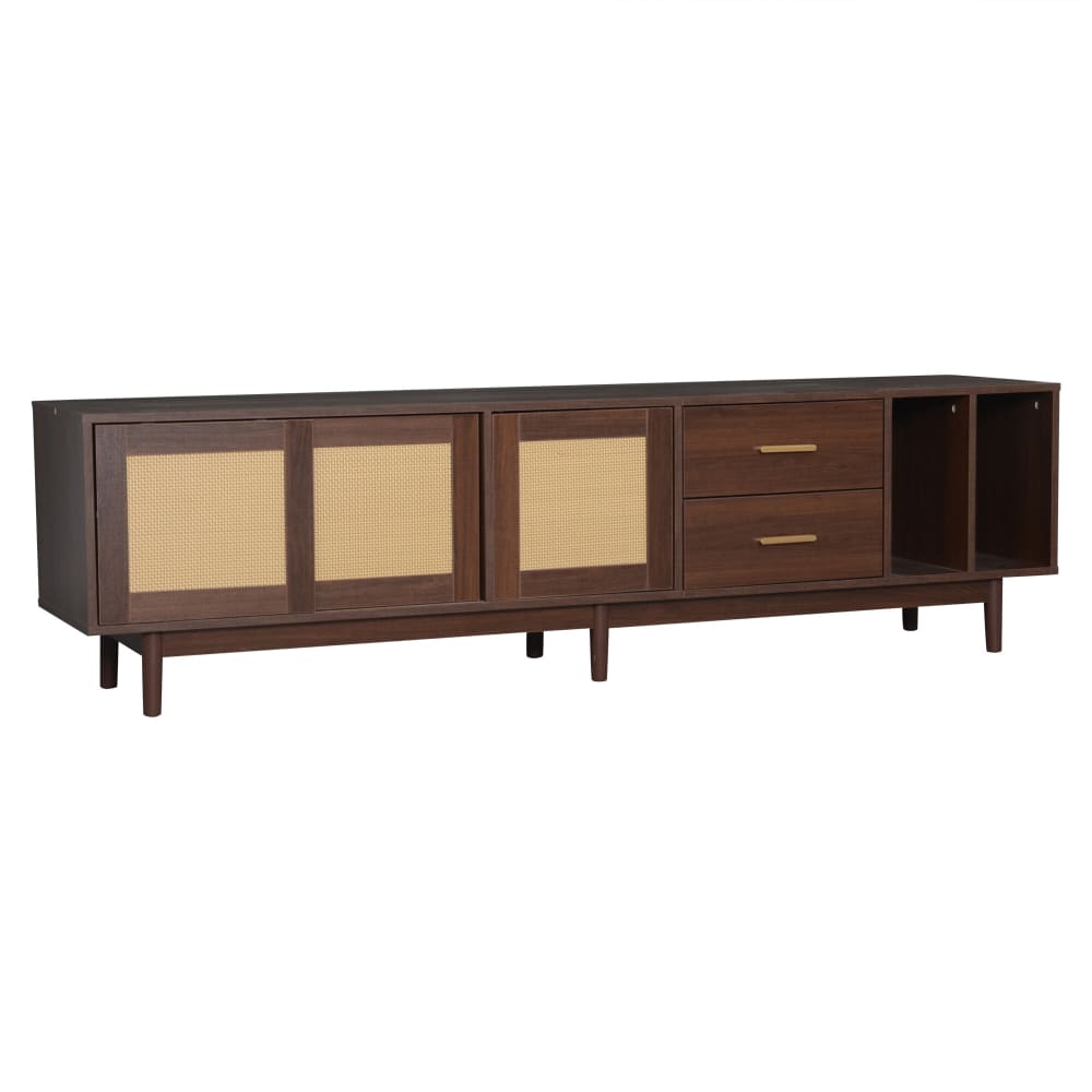 Meuble TV effet bois noyer et 3 portes en rotin 2 tiroirs 190x40x52 cm