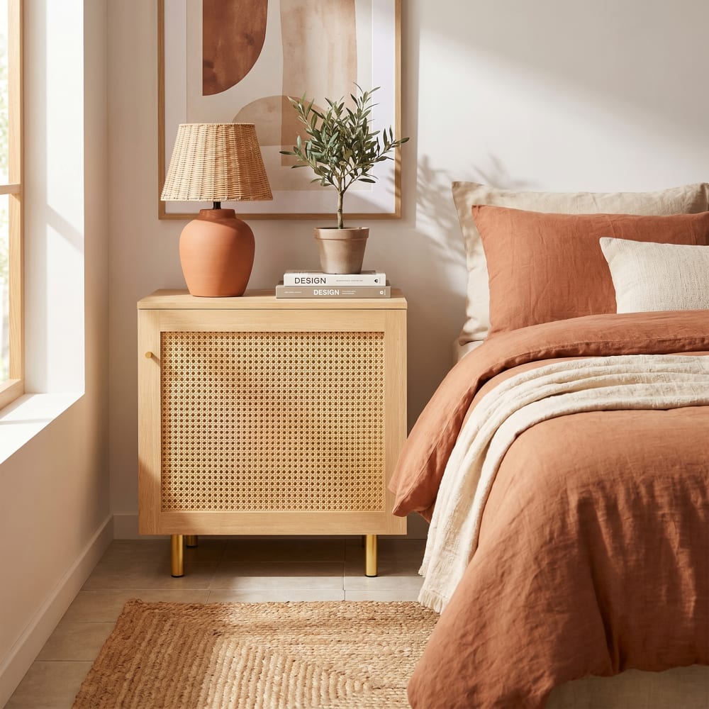 Urban Meuble Niedriges Sideboard mit Rattan-Holzoptik, 1 Tür, Beige Beige Spanplatte