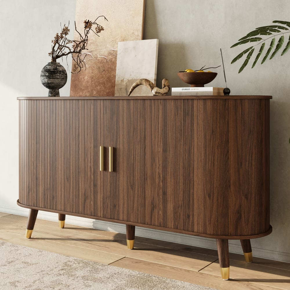 Buffet vintage effet noyer 2 portes coulissantes et 2 tiroirs