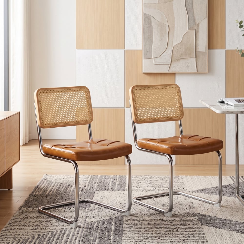 Urban Meuble Set aus 2 Vintage-Esszimmerstühlen aus Rattan und Leder,Braun Braun Pvc - Polyvinlychlorid