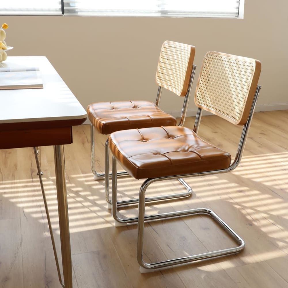 Lot de 2 chaises de salle à manger vintage cannage et cuir marron