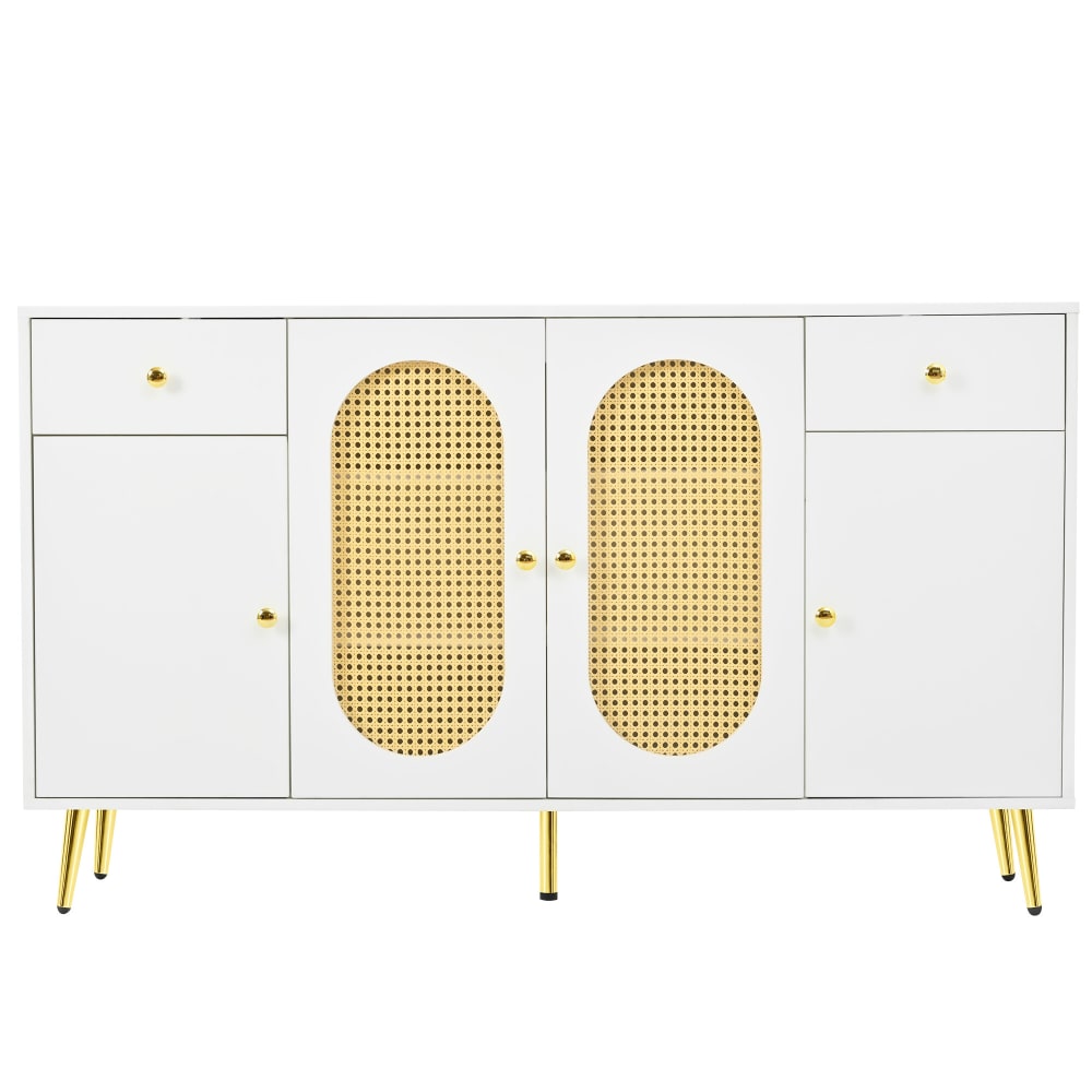 Buffet blanc rotin 2 tiroirs 4 portes 140x35x82cm