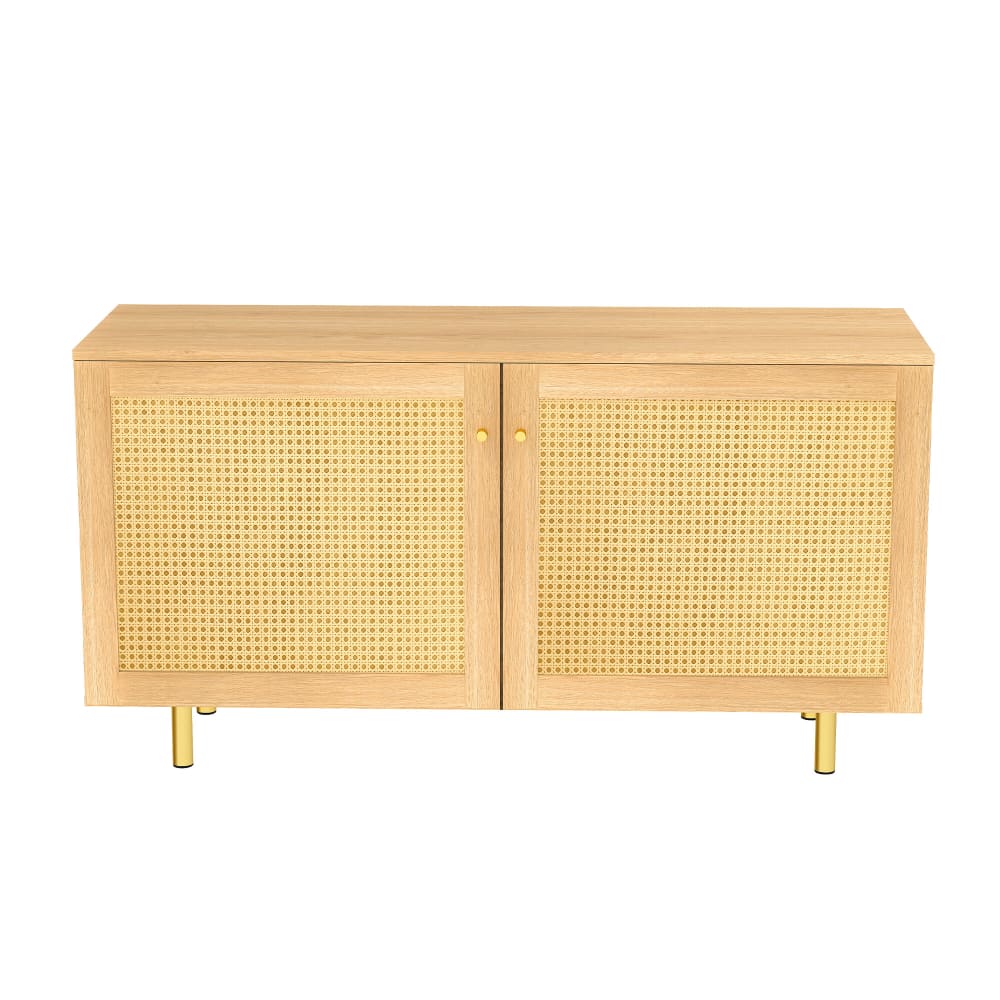 Buffet effet bois 2 portes en rotin clair 120x40x63cm