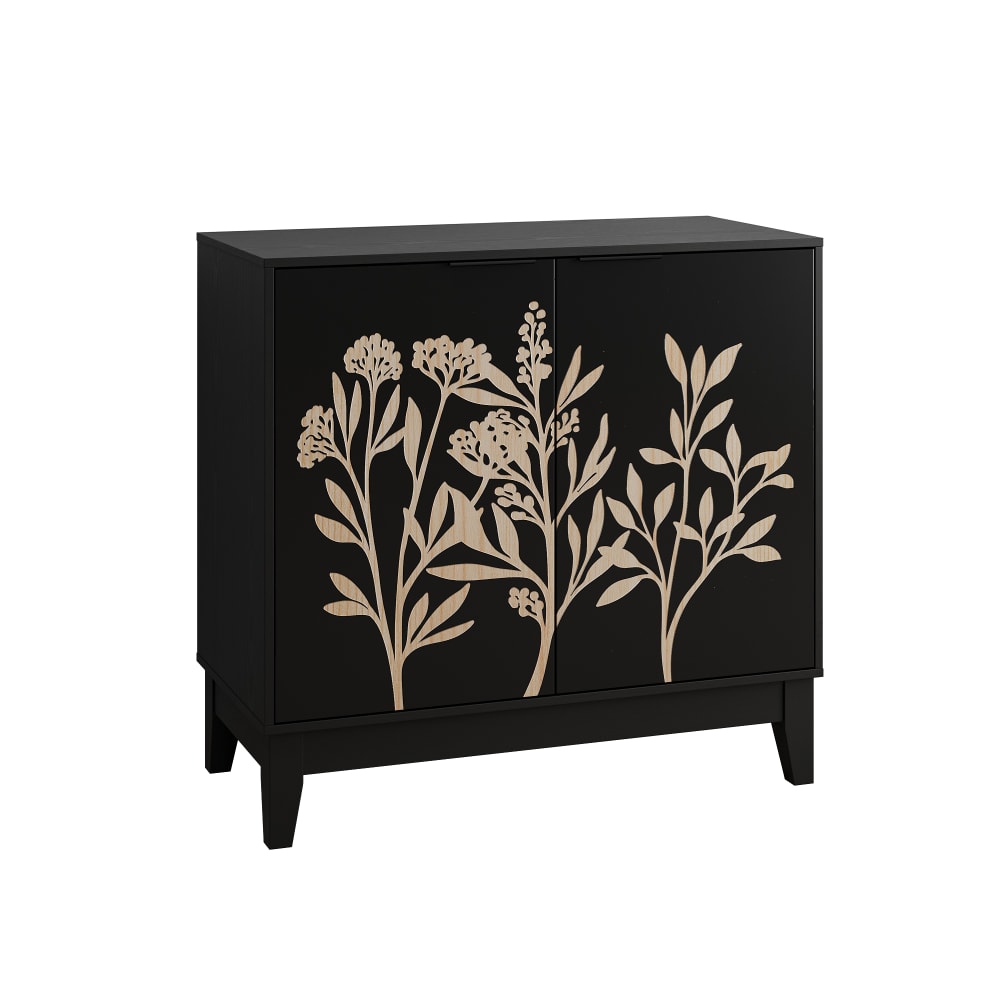Buffet noir style champêtre à 2 porte avec motifs floraux gaufrés