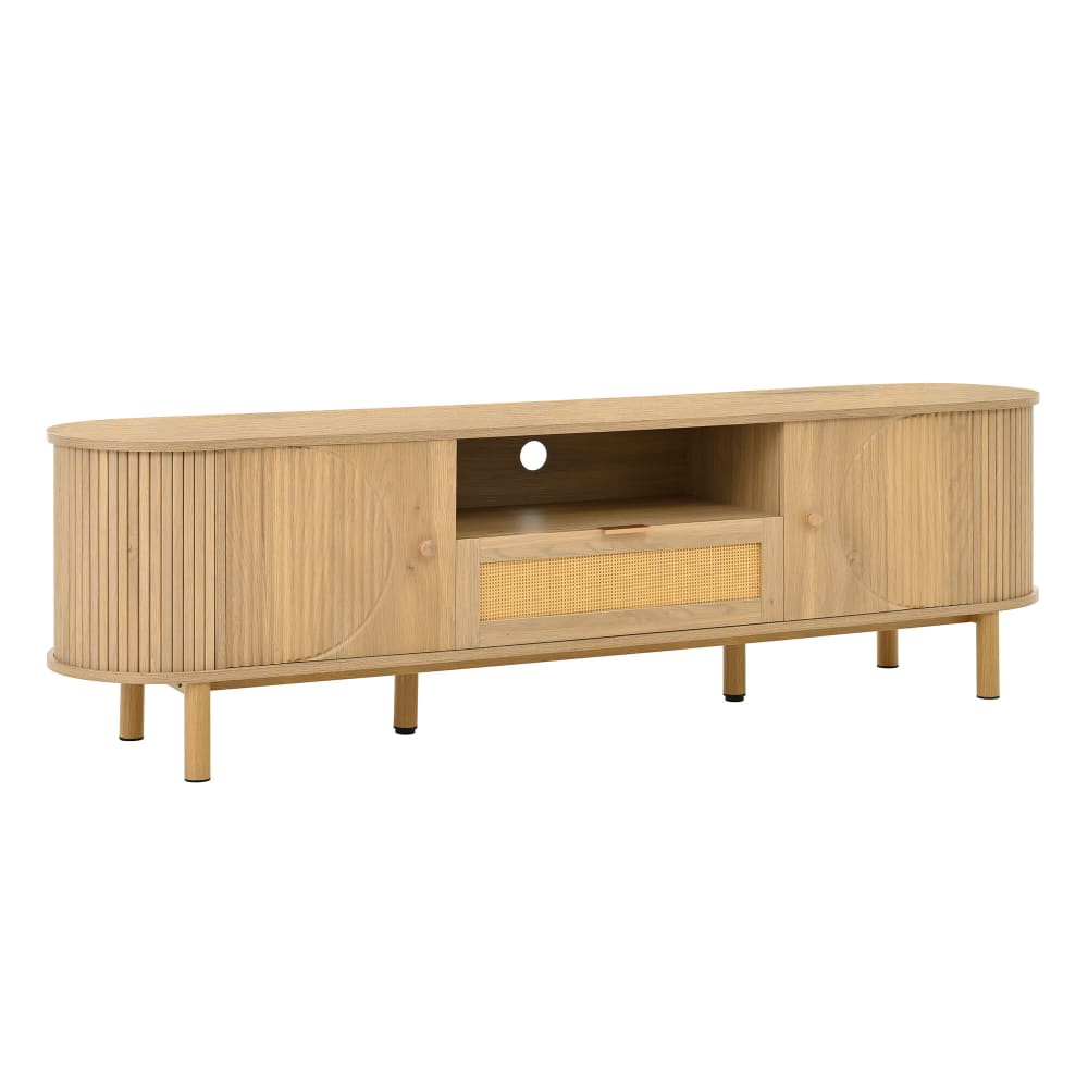 Meuble TV effet bois claire oval tiroir en rotin 2 portes coulissantes
