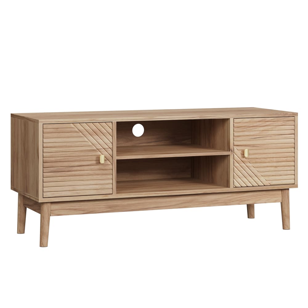 Meuble TV en bois clair avec portes sculptées