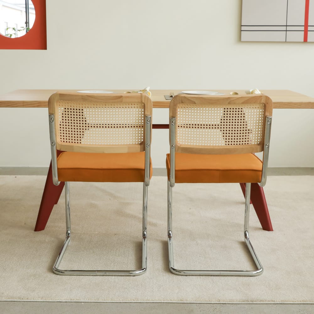 Lot de 2 chaises vintage cannage et velours orange pieds chrome