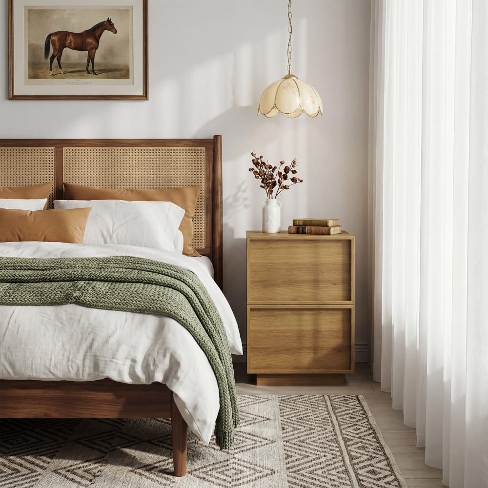 Table de chevet moderne effet chêne 2 tiroirs design sans poignée