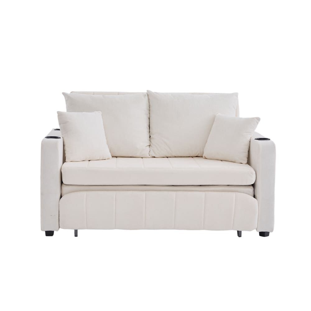 Canapé convertible 2 place tissu chenille beige, USB et porte-gobelet