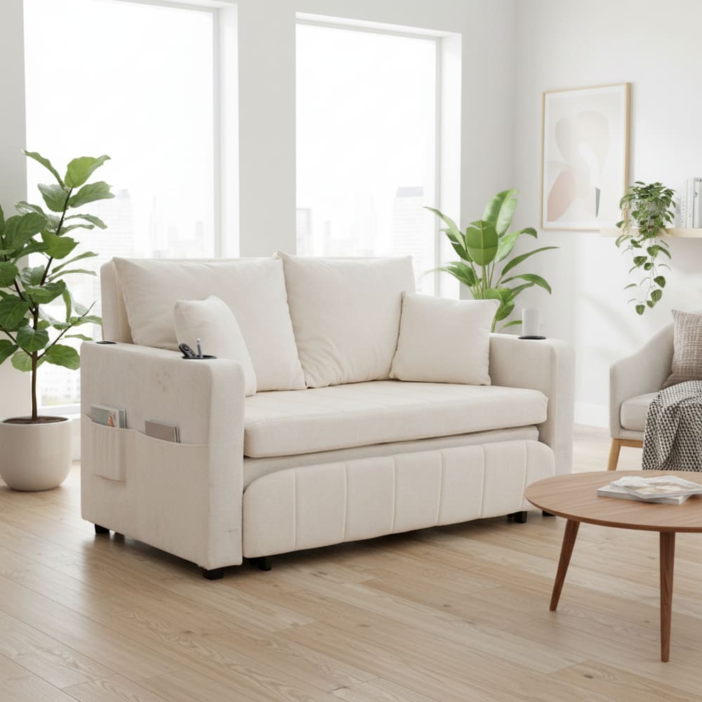 Canapé convertible 2 place tissu chenille beige, USB et porte-gobelet