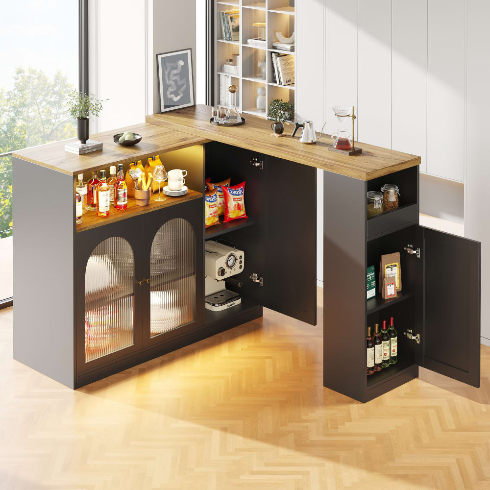 Drehbarer Bartisch mit Holzoptik und Glastür, schwarz - Maisons
