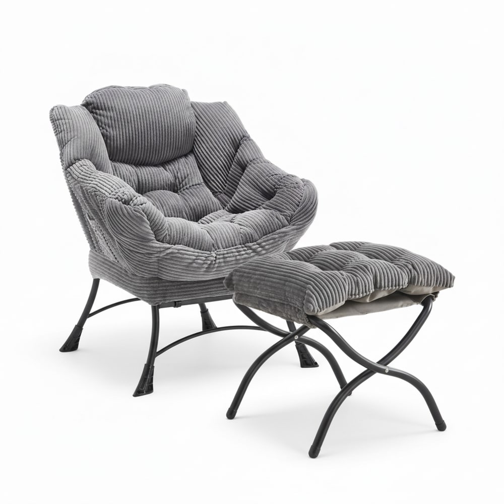 Fauteuil relax avec repose-pieds en flanelle grise, accoudoirs, poche
