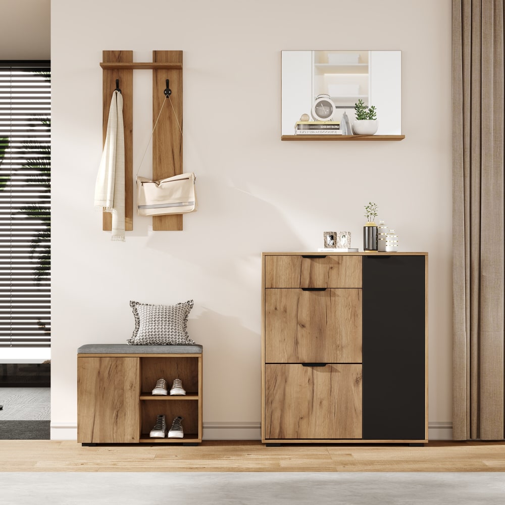 4-in-1-Garderobenschrank-Set, Holz- und Schwarzoptik - Maisons Du