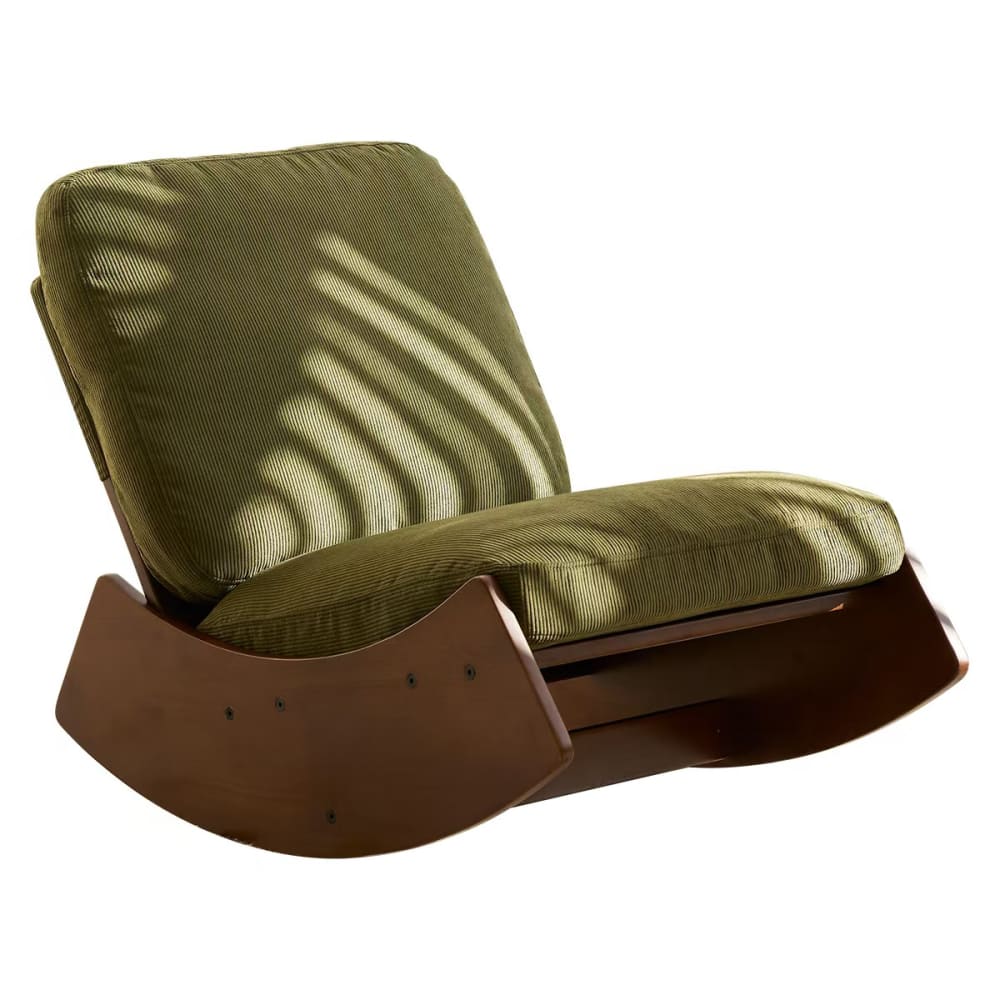Fauteuil à bascule vintage velours côtelé vert pieds bois