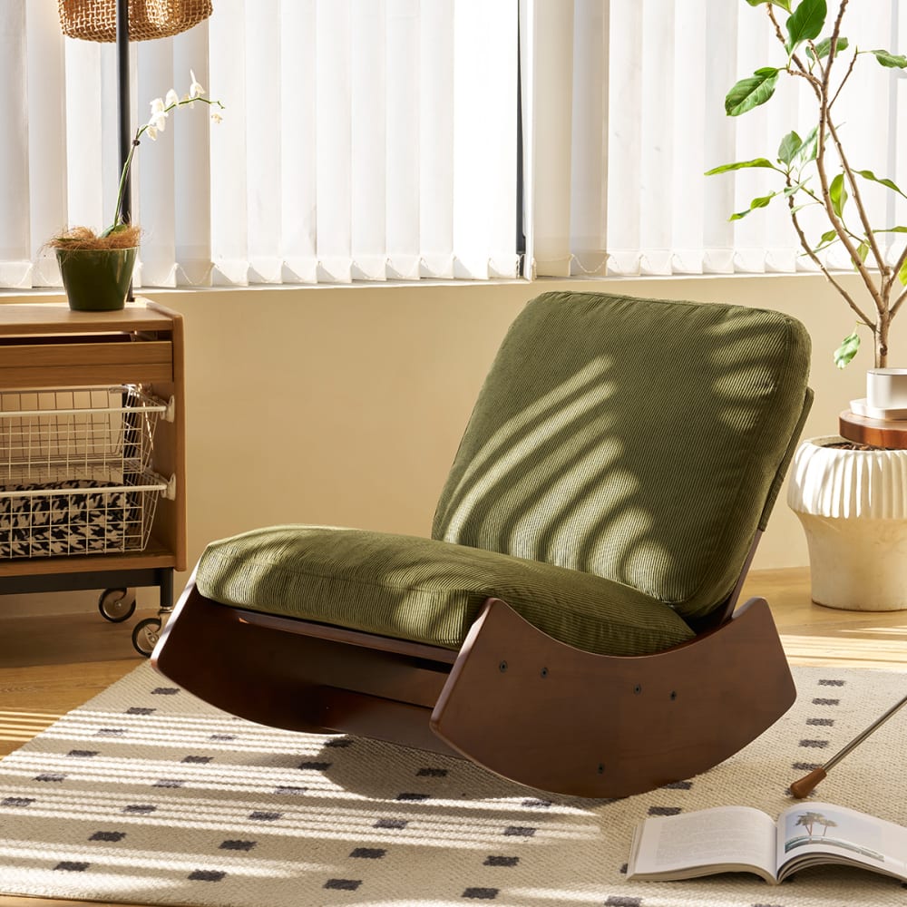 Fauteuil à bascule vintage velours côtelé vert pieds bois