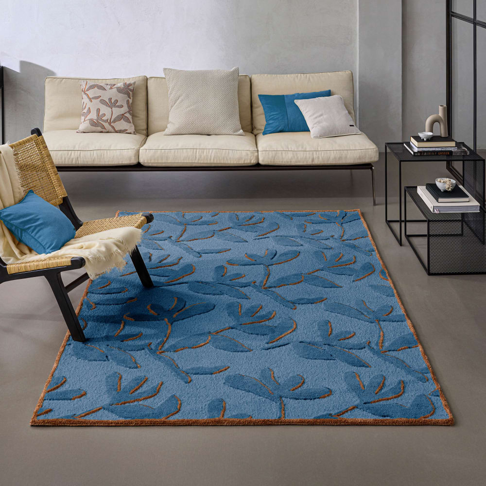 Tapis design floral tufté pure laine bleu et brique 70x140 — vue 3