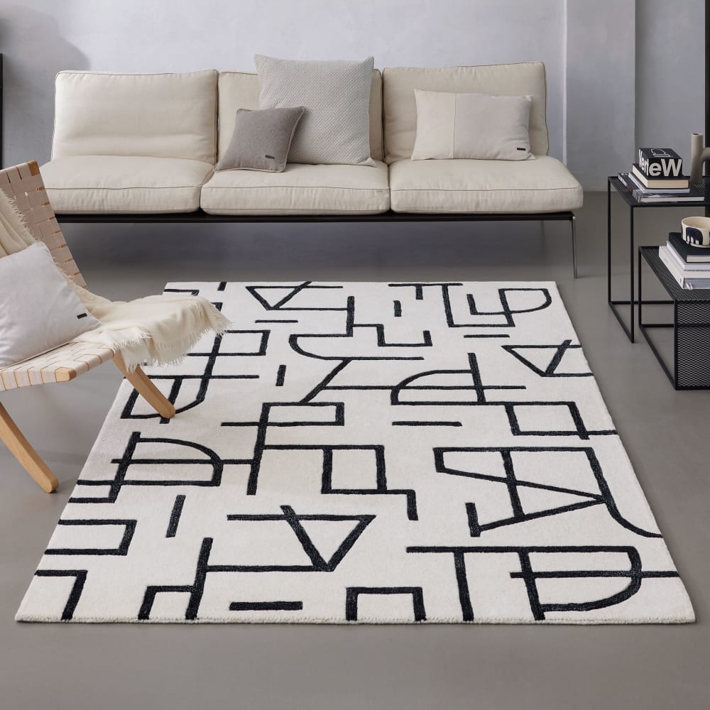 Tapis design graphique tufté pure laine ivoire et noir 70x140 — vue 3