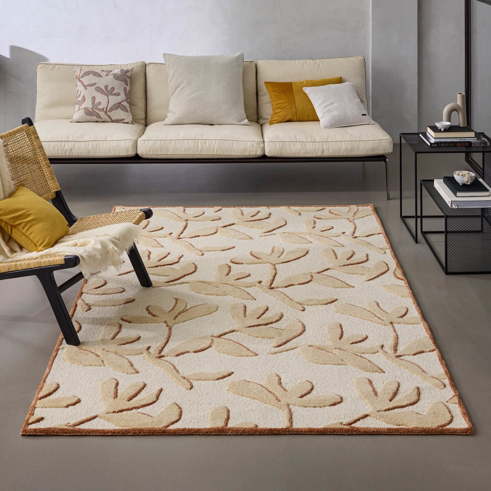 Tapis design floral tufté pure laine beige, sable et brique 110x170 — vue 3