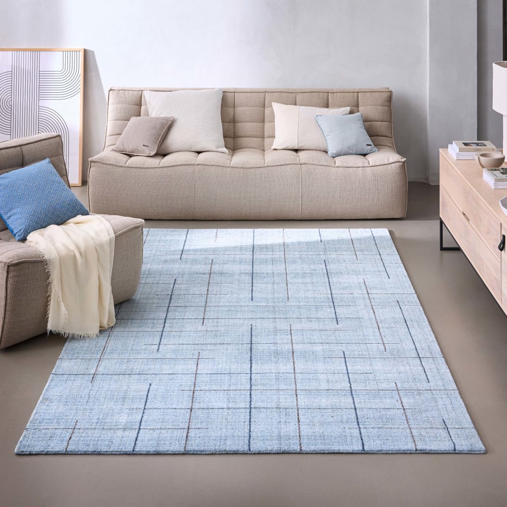 Handgewebter Teppich Tencel Schurwolle blau 80x150 - Maisons Du