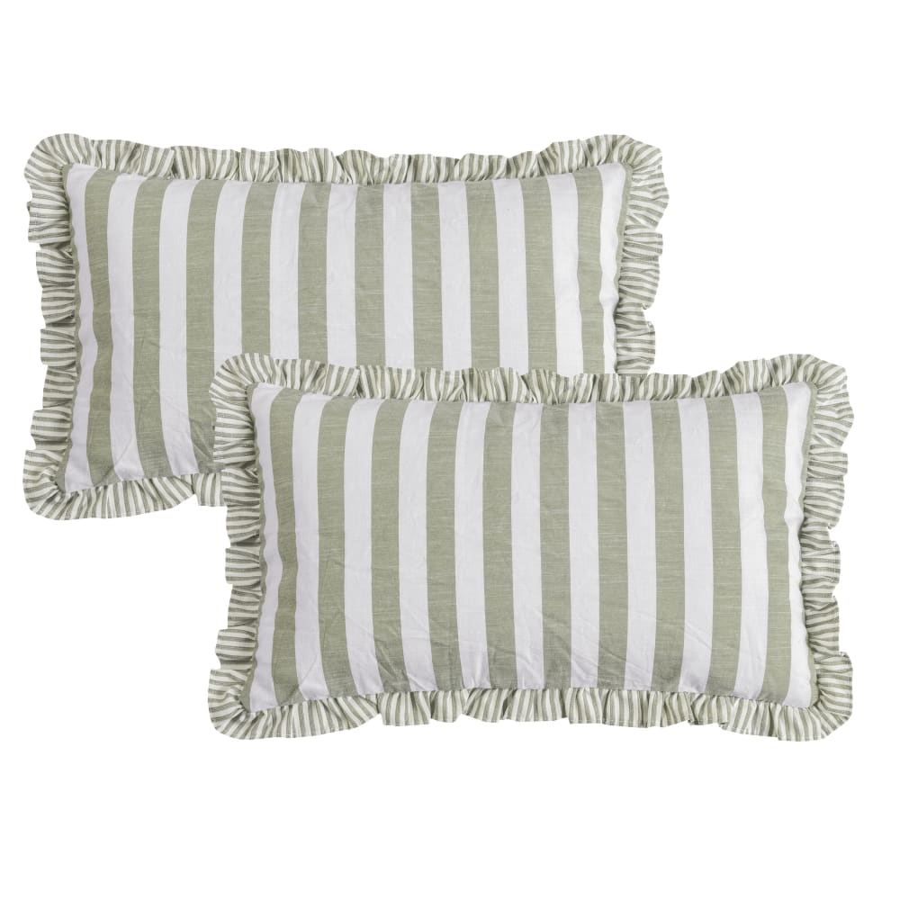 Lot de 2 housses de coussin rayées à volant vert 30x50cm