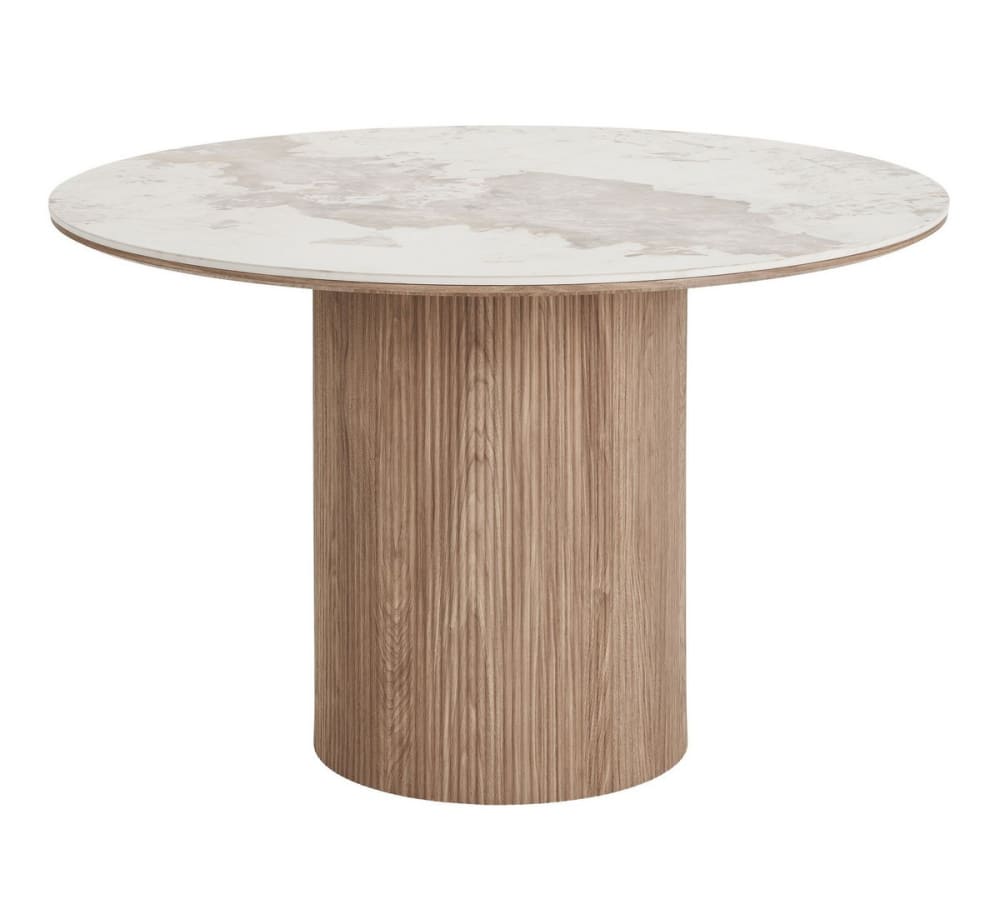 Table de repas ronde effet marbre avec base en bois