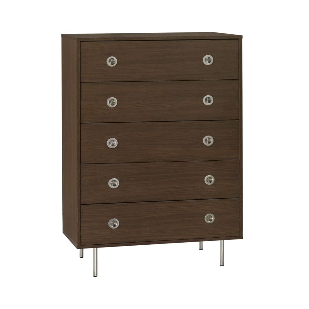 Commode vintage décor bois et acier 5 tiroirs noyer