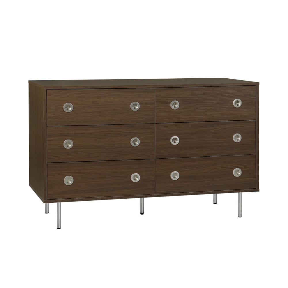 Commode vintage décor bois et acier 6 tiroirs noyer