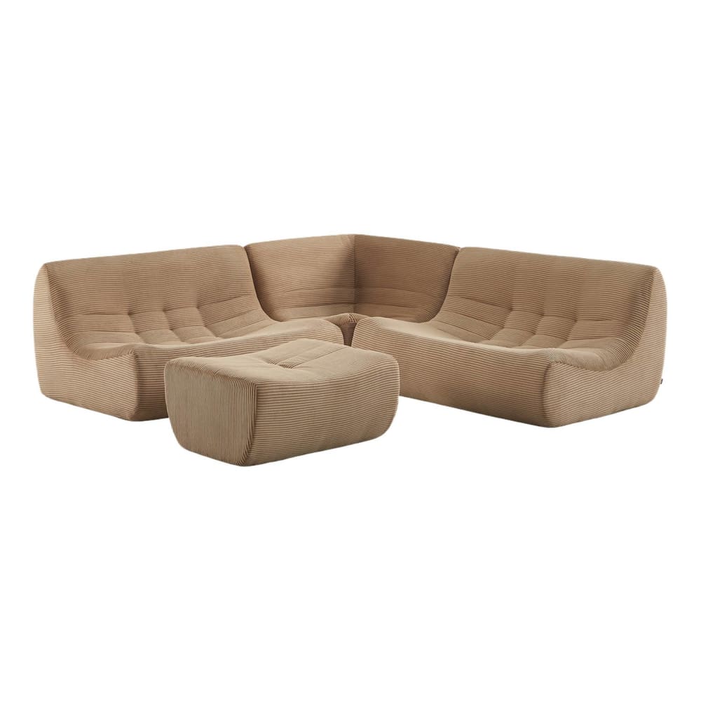 Canapé d'angle 5 places repose pied velours côtelé beige foncé