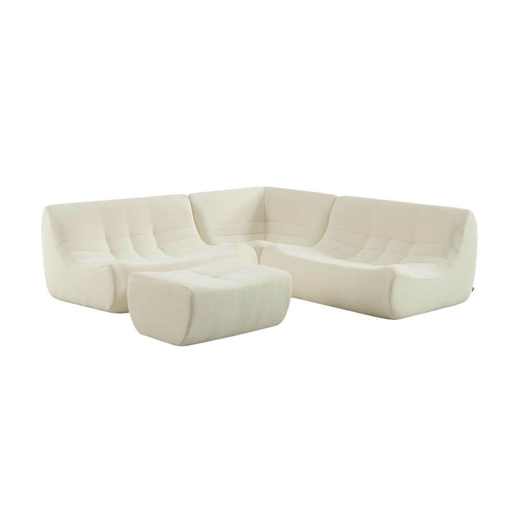 Canapé d'angle 5 places repose pied bouclette texturée blanc