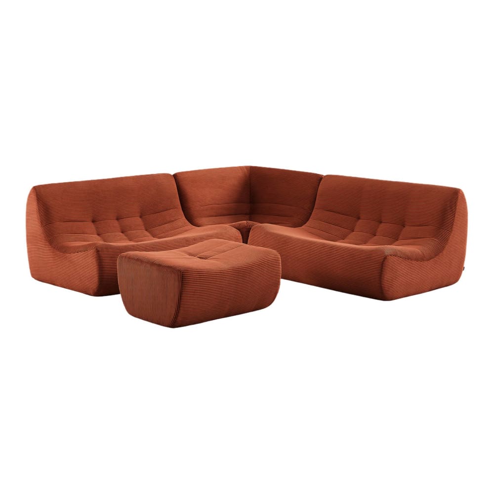 Canapé d'angle 5 places repose pied velours côtelé terracotta