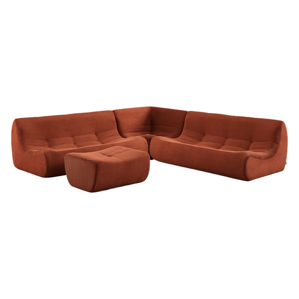Canapé d'angle 7 places repose pied velours côtelé terracotta