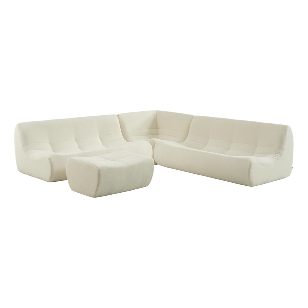 Canapé d'angle 7 places repose pied bouclette texturée blanc