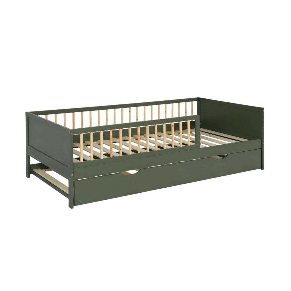 Lit gigogne enfant 90 x 190 cm pin naturel avec tiroir vert