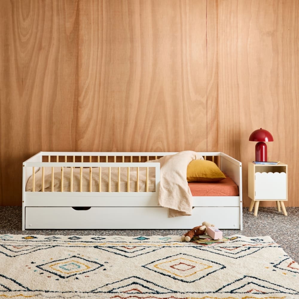Lit gigogne enfant 90 x 190 cm pin naturel avec tiroir blanc