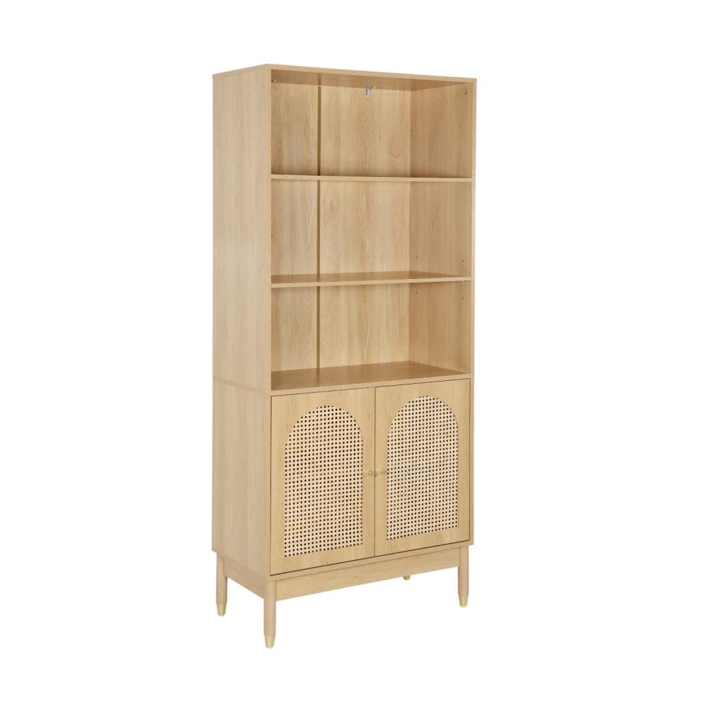 Etagère bibliothèque décor bois et cannage 4 niveaux 2 portes teinte
