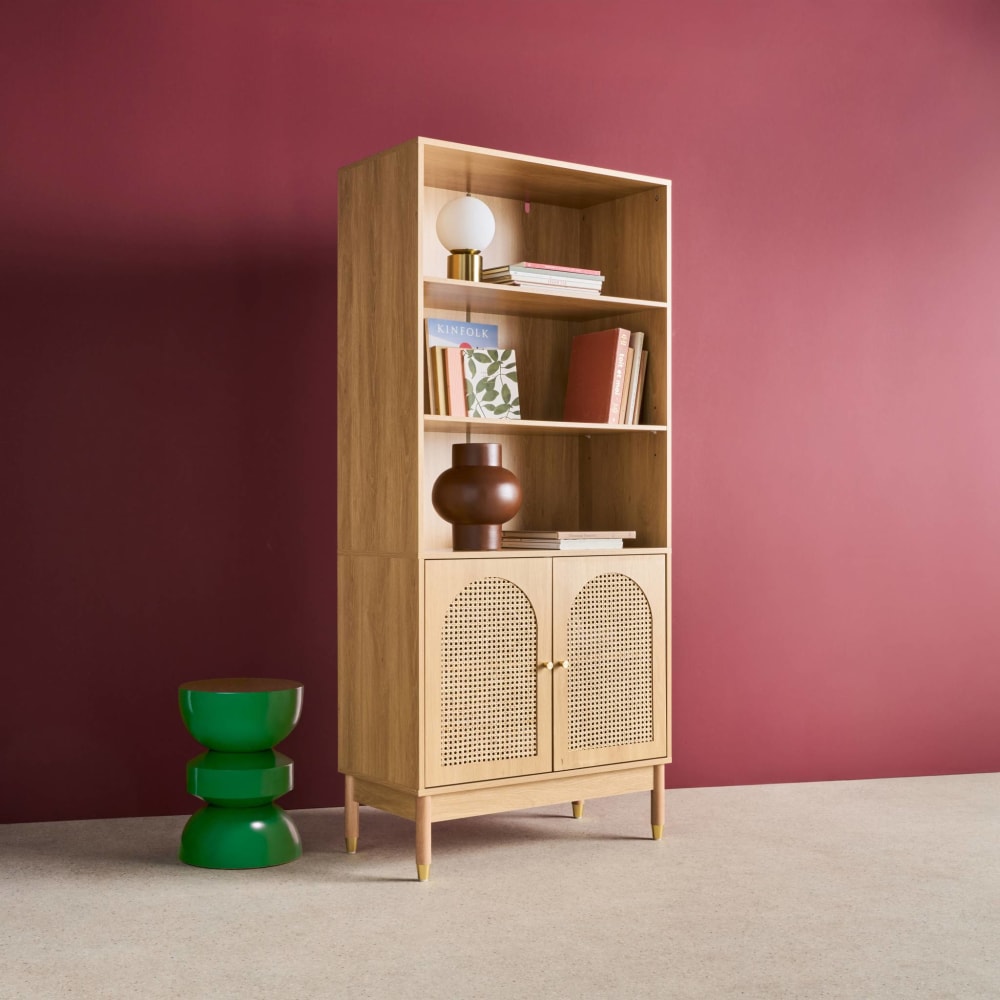 Etagère bibliothèque décor bois et cannage 4 niveaux 2 portes teinte