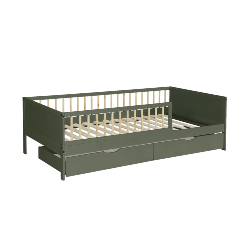 Lit enfant 90 x 190 cm pin avec sommier et tiroirs vert