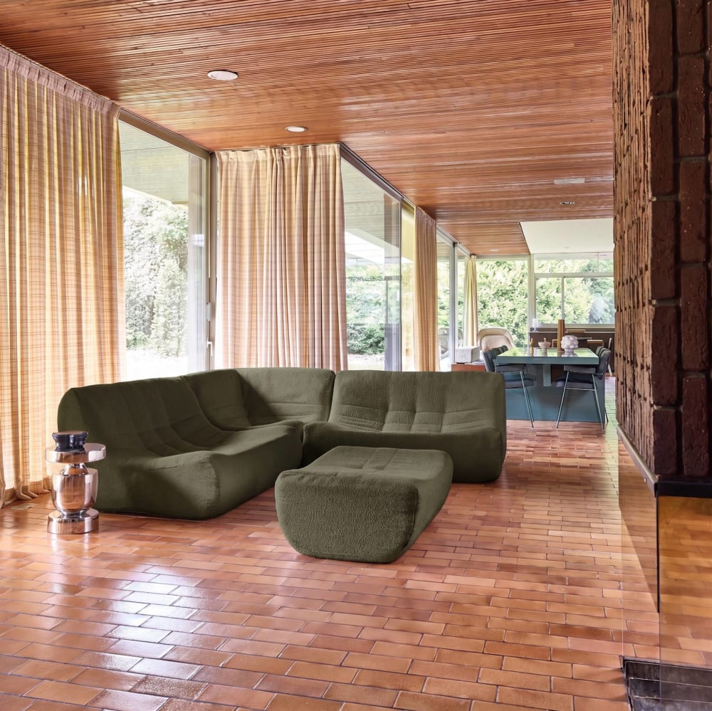 5-Sitzer Ecksofa mit Bouclé-Bezug und Hocker khaki - Maisons Du