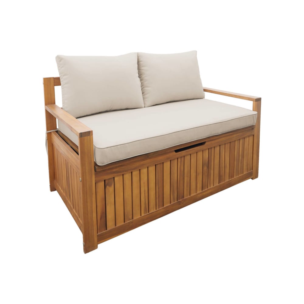 Banc coffre de jardin bois d'acacia avec coussin beige 110 l