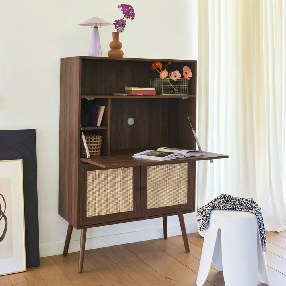 sweeek Schreibtisch Sekretär mit Rattan-Geflecht 90cm nussbaum style classic chic Braun Spanplatte