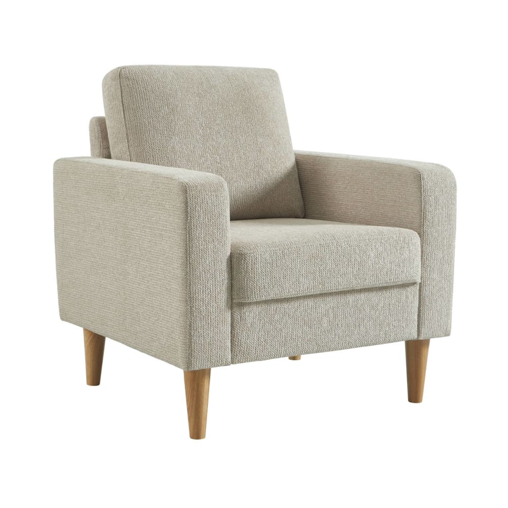 Fauteuil bois d'hévéa et tissu chenille beige