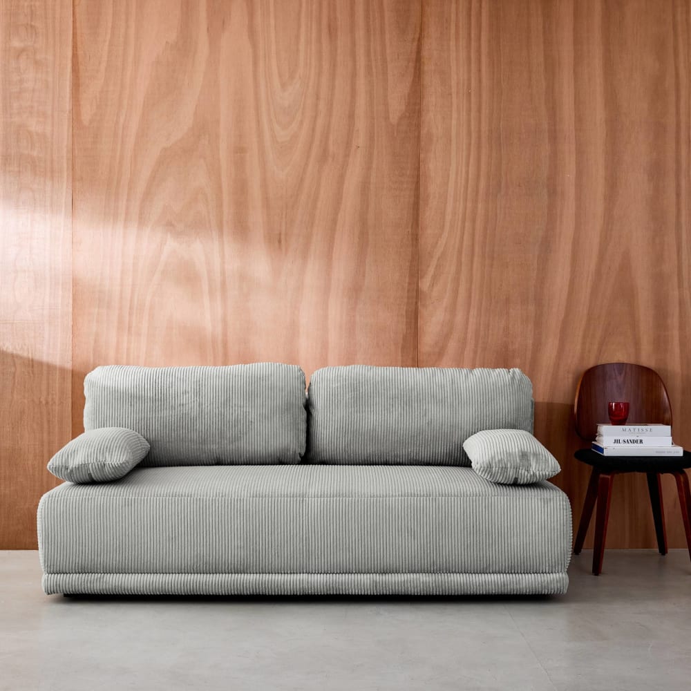 Banquette convertible 3 places velours côtelé gris clair coffre de