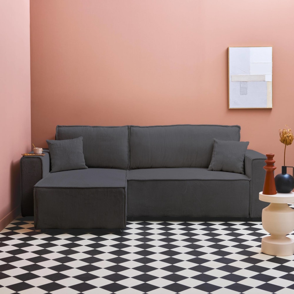 Canapé d'angle velours côtelé grosse côte gris